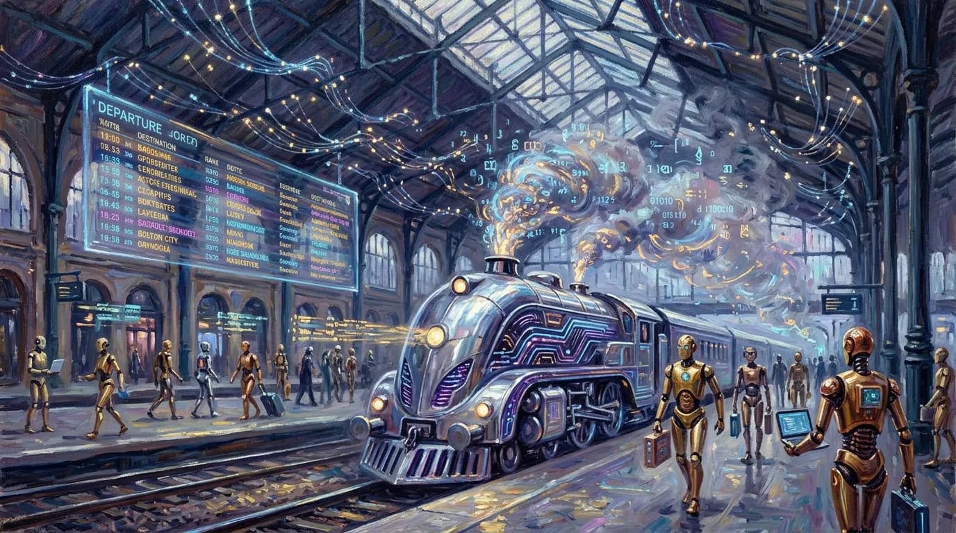 A steam locomotive ready to depart from Gare Saint-Lazare, billowing luminous steam