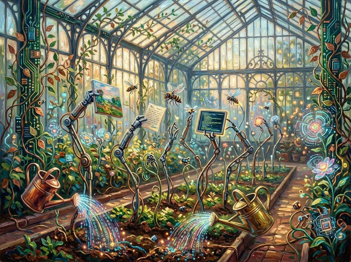 A Victorian greenhouse bursting with exotic plants and flowers in sunlight