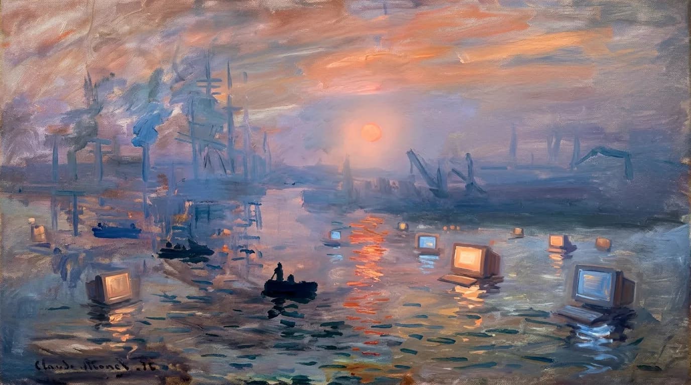 Impression, API Sunrise — a harbor at dawn where monitors float on impressionist water