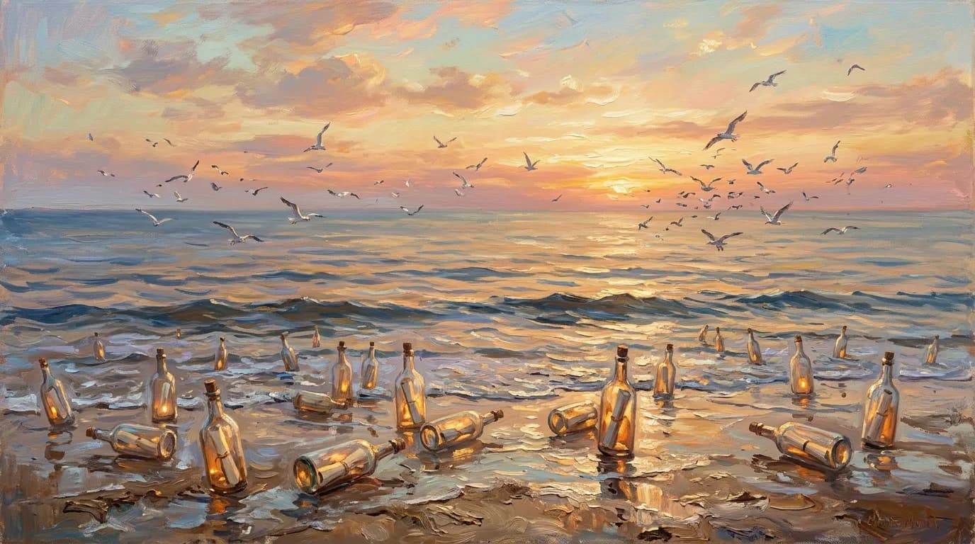 Glowing bottles with messages washing ashore at sunset
