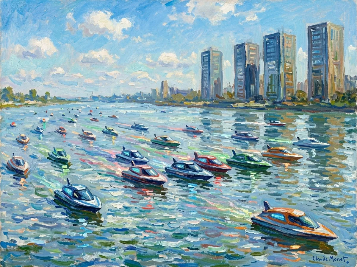 Dozens of glowing boats racing across a river with server towers watching